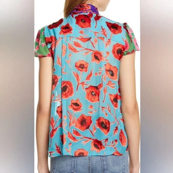 NWT ALICE + OLIVIA Sheer Floral Poppy Garden BlueBird Blouse with Neck Tie - Picture 7 of 16